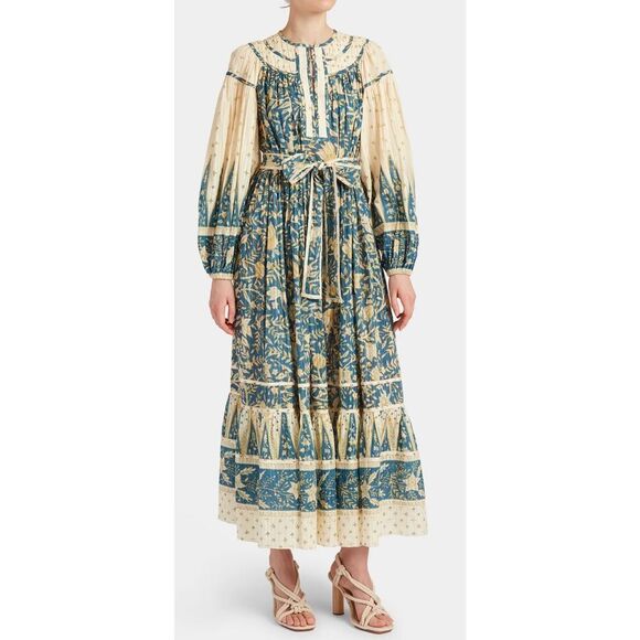 ULLA JOHNSON Kemala Tiered Waist Tie Printed Cotton-Blend Voile Maxi Dress 2 - Picture 1 of 16